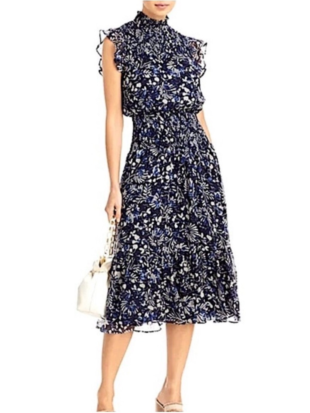 Aqua Floral High-Neck Sleeveless Midi Dress in Navy and White